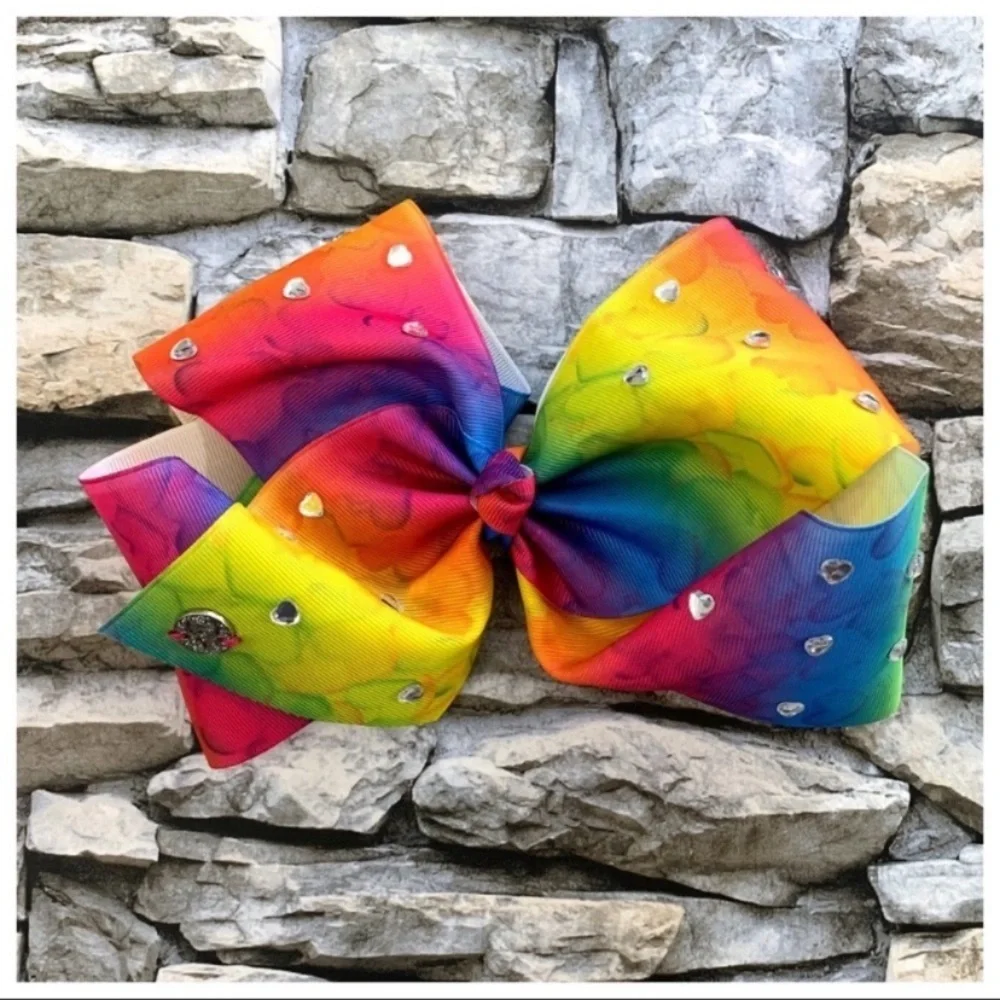 JoJo Siwa Heart Rhinestones Rainbow Colorful Ribbon Cheer Dance Large Bow Clip